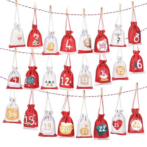 GWHOLE 2024 Advent Calendar Fill Your Own Christmas Drawstring Bags with Countdown Stickers Printed 24Pcs