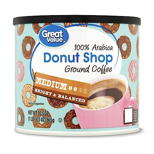 Great Value Donut Shop, 100% Arebica Medium roast Ground Coffee, 30.5 Oz, Medium roast with bright and balanced flavor, Ready to Brew
