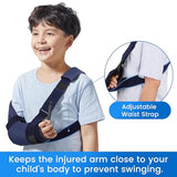 Velpeau Kids Arm Sling Shoulder Immobilizer with Waist Strap -Ventilated & Breathable Support Brace for Children, Boys, Girls (Mesh-Blue, Right, 2XS: Bust 19″-23.5″)