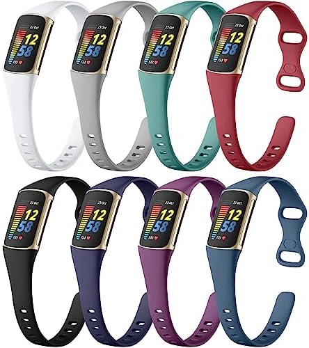 Maledan 8 Pack Band Compatible with Fitbit Charge 5/Charge 6 Bands for Women Men, Soft Slim Silicone Waterproof Sport Strap Replacement Wristband Accessories for Fitbit Charge 5/6 Fitness Tracker