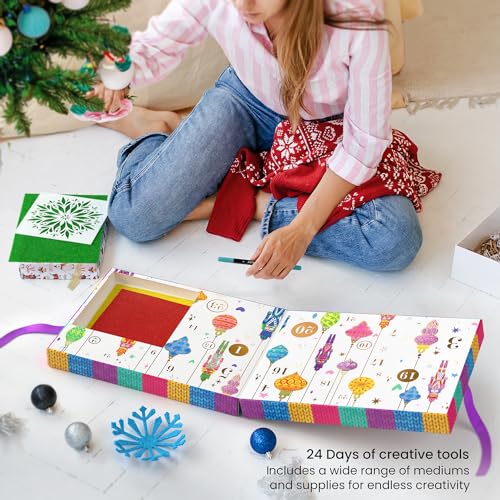 Arteza Advent Calendar2023 (24 Days) Art & Craft Supplies Holiday Gift for Adults, Includes Polymer Clay, Mica Powder, Felt Sheets, Wood Slices & Panels, Acrylic Yarn, Epoxy Resin & Glue