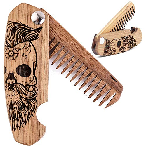 Enjoy The Wood Beard Comb for Men, Folding Pocket Beard Accessories for Men, Engraved Walnut Wooden Comb for Moustache, Beard & Hair - Perfect Gift For Him (Gift for Him (Skull)) (Model HS)