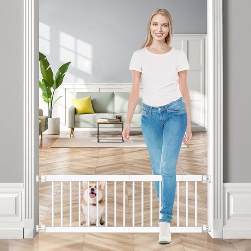 Dog Gate Indoor,18"-45" Extra Wide Metal Short Dog Gate to Step Over, 14" Tall Small Pet Gate with 3 Extension Kits, Pressure Mounted for Doorways & Stairs