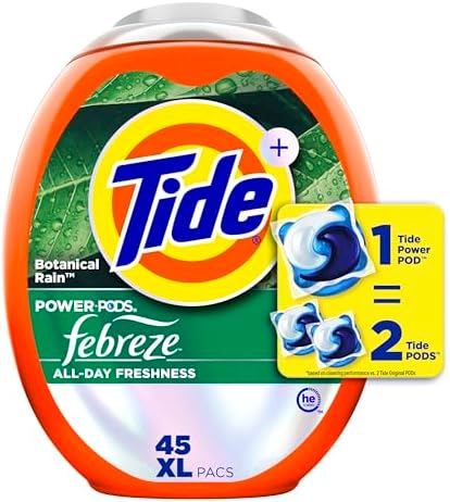 Tide Power Pods Laundry Detergent Pacs with Febreze Freshness with Odor Eliminators, Botanical Rain Scent, 45 Count