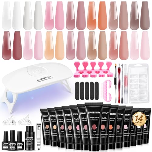 JEWHITENY Poly Extension Gel Nail Kit 14 PCS Poly Gel With Mini Nail Lamp Poly Nail Gel Kit with Slip Solution Basic Poly Gel Nail Art Tools Nail Art Design Beginner Kit