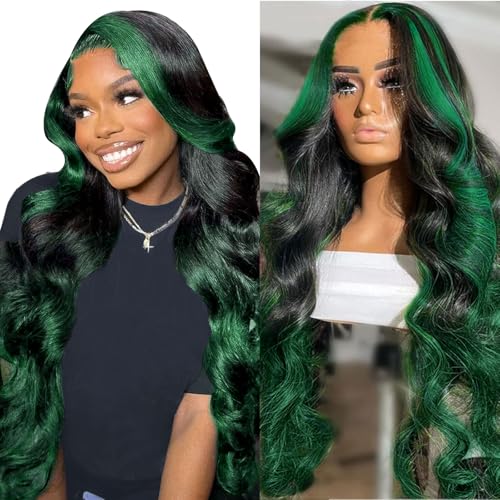 haha Green Ombre Lace Front Wig Human Hair Highlight Green Lace Front Wig Pre Plucked 13x4 Body Wave Lace Frontal Wig Black and Green Skunk Stripe Human Hair Wig Glueless Colored 18 Inch 150% Density