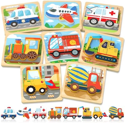 Benresive Wooden Toddler Puzzles, Montessori Toys for 1 2 3 Year Old Boys, Toys for 1 2 3 Year Old Boy Birthday Gifts, 8 Pack Vehicle Toddler Learning Educational Puzzles