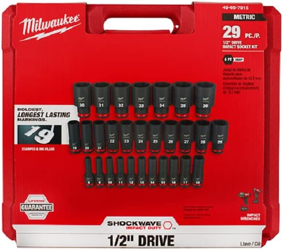 Milwaukee MWK49-66-7015 0.5 in. Drive Metric Deep 6 Point Socket Set 29 Piece