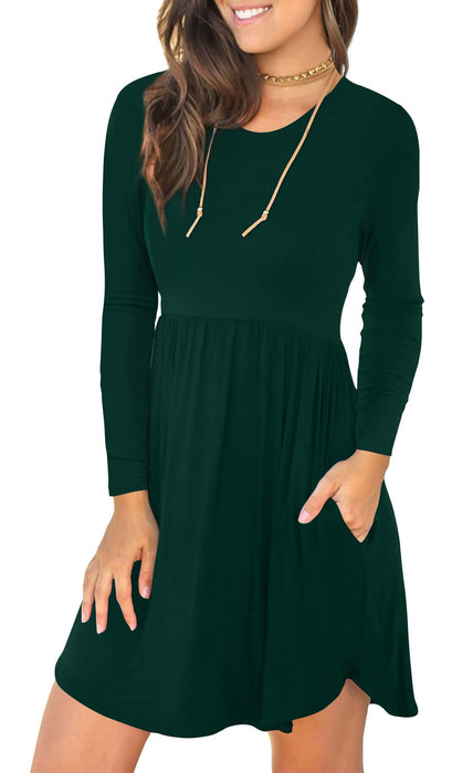 LONGYUAN Women's Long Sleeve Christmas Dresses 2024 Fall Winter Casual Sundresses with Pockets Dark Green M