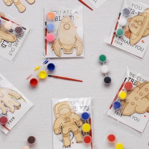GEECOZYLIFE Thank You for Coming Gifts for Kids - Space Party Favors - 24 PCS Space Cards with Art Supplies - Astronaut Wood Painting Craft Kits - Kids Birthday Boys Girls Gifts Bulk