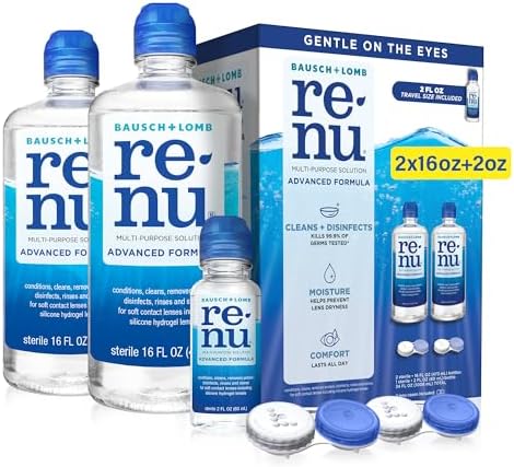 Renu Contact Lens Solution Multipurpose Disinfectant, Advanced Formula Lens Cleaner, Cleans & Moisturizes Soft & Silicon Hydrogel Lenses, Multi-Pack 16 Fl Oz (Pack of 2) + 2 Fl Oz Travel Size