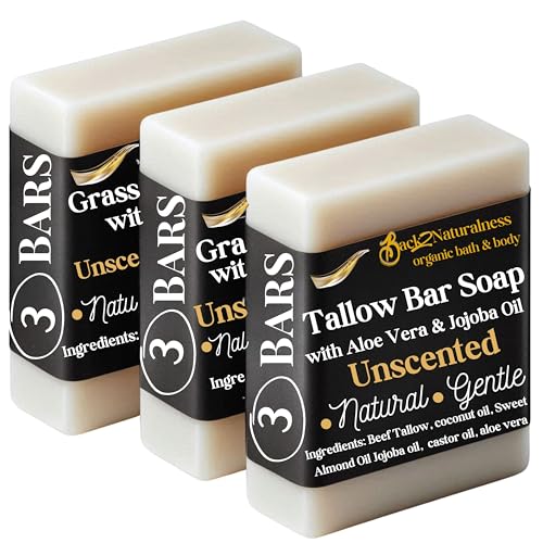 New! 100% Beef Tallow Bar Soap w/Aloe & Jojoba Oil – Handmade, Natural, Moisturizing – Gentle Soap for Dry, Sensitive Skin – Men's Body Wash, Face Cleanser – Unisex – Grass Fed - (3 Pack)-Unscented