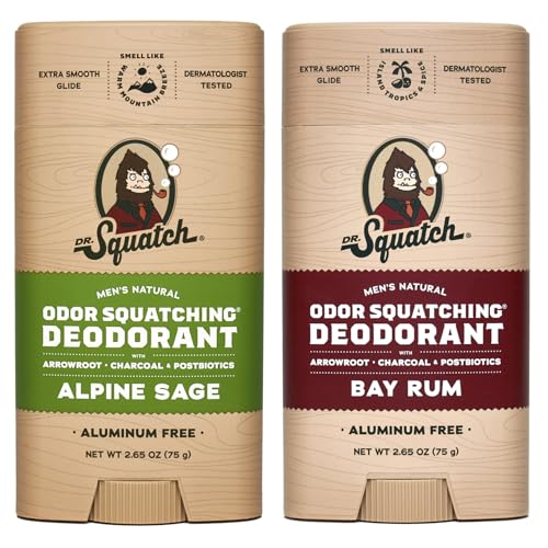 Dr. Squatch Natural Deodorant for Men – Odor-Squatching Men's Deodorant Aluminum Free - Alpine Sage + Bay Rum (2.65 oz, 2 Pack)
