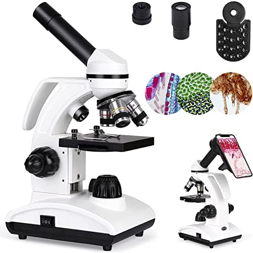 40X-1000X Microscopes for Students Kids Adults, Cordless Biological Compound Monocular Microscopes with Microscope Slides Set, Phone Adapter, Dual LED Illumination Power Optical Glass Lenses