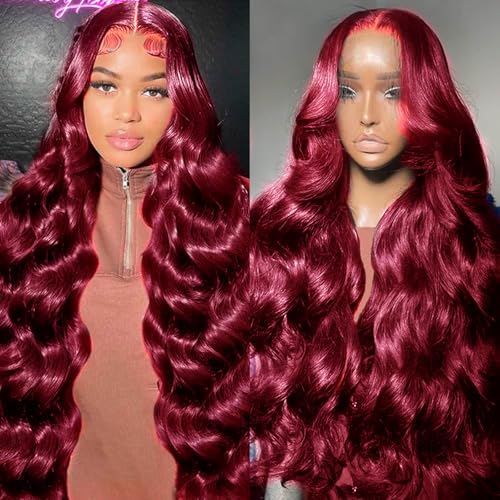 99j Burgundy Lace Front Wigs Human Hair 13x6 Body Wave HD Transparent Lace Front Wigs Human Hair Pre Plucked Glueless Red Wigs Wine Red Lace Front Wigs Human Hair Wigs for Women 180% Density 30inch