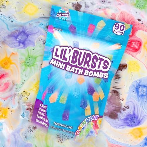 Tub Works® Lil' Bursts™ Mini Bath Bombs for Kids, 90 Count, Rainbow | Nontoxic | Tiny Kids Bath Bombs with A Burst of Color, Foam & Bubbles | Customize Kids Bath with 7 Fun Bath Colors | Make Bath Art