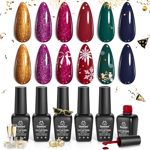 Beetles Gel Nail Polish Kit, 6 Colors Gold Green Burgundy Red Glitter Gel Polish Soak Off Uv Nail Lamp Cured Holiday Nail Gel DIY Home Manicure Kit Gifts for Women Girls