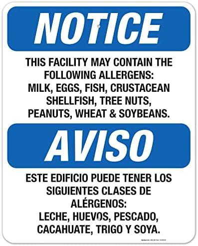 Sigo Signs, Food Allergy Notice Milk, Eggs, Fish, Crustacean, Nuts, Bilingual Sign, OSHA Notice Sign, 24x30 Inches, Rust Free .063 Aluminum, Fade Resistant, Indoor/Outdoor Use, Made in USA
