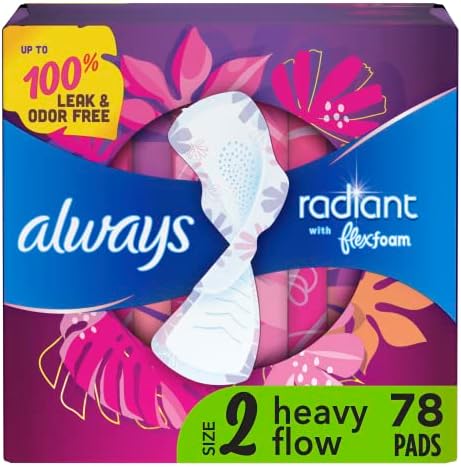 Always Radiant Feminine Pads For Women, Size 2 Heavy Flow Absorbency, Multipack, With Flexfoam, With Wings, Light Clean Scent, 26 Count x 3 Packs (78 Count total)