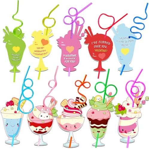 Valentines Day Cards for Kids School, 30 PCS Valentines Day Cards with Loop Reusable Drinking Straws Toys