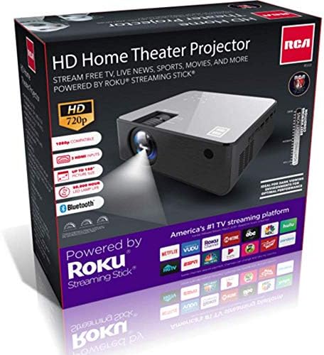 RCA RPJ133 1080P, 30"-150" Picture Size, Built in Bluetooth, HDMI,USB, Remote,Voice Control, Indoor, Outdoor, Smart Home Theater Projector,Includes Roku Streaming Stick - (Renewed)