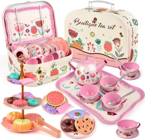 Tea Party Set for Little Girls, Flower Tea Set Toys for Girls Age 3 4 5 6 Year Old, Toddler Kids Kitchen Pretend Play Toys with Tin Tea Set, Cake Stand, for Girls