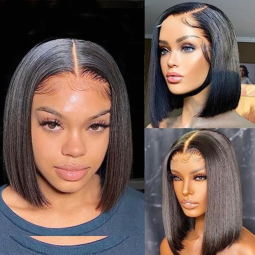 Bob Wig Human Hair Frontal Lace Wig Glueless Wigs Human Hair Pre Plucked Transparent Bob Lace Front Wigs for Women 150% Density (5x5 Straight Bob Wig Black Color, 10 inch)