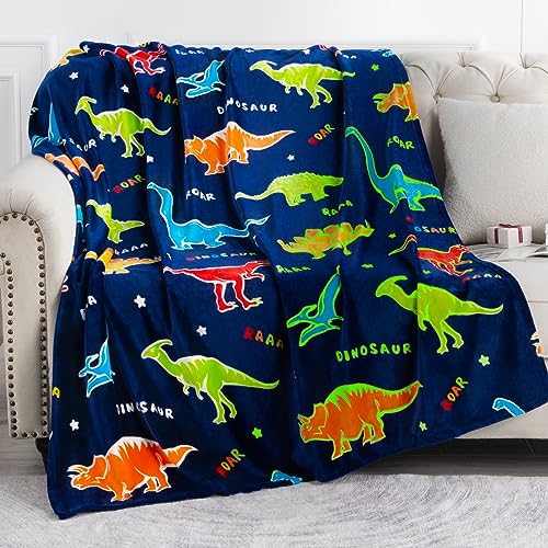 Dinosaur Gifts Toys for Boys Girls - Glow in The Dark Dino Blanket Best Christmas Birthday Valentine's Day Easter Presents for Kids Age 1 2 3 4 5 6 7 8 9 10 Year Old Child Teen Soft Throw 50"x60"