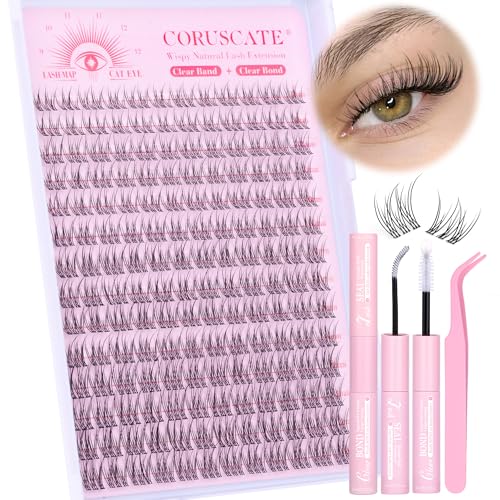 Insivible Band Lash Clusters Kit Wispy Eyelash Clusters Natural Lash Extension Kit 9-12mm Cluster Eyelash Extensions 168pcs Individual Lashes Clear Lash Bond and Seal Lash Tweezers