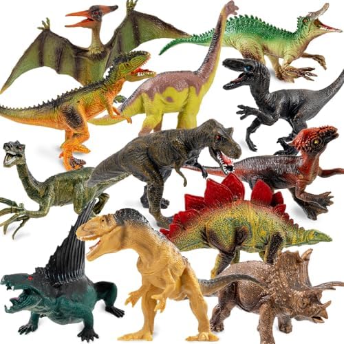 OuMuaMua Dinosaur Toys for Kids 3-5, 12 Pack Realistic Plastic Dinosaur Figure Set Including T-Rex, Stegosaurus, Monoclonius, Dino Toys for Boys 5-7, Party Favors, 6 to 7 Inch Large Size
