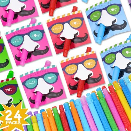 Valentines Day Gifts for Kids 24 Sets Nose Picking Valentines Cards with Pop Tubes Valentines Exchange Cards Classroom Favors for Boys Girls School Class Preschool