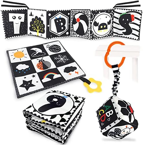 KUANGO 3 PCS Black and White High Contrast Baby Toys 0-3 Months for Newborn, Montessori Toys for Babies Sensory Soft Book for Early Education, Infant Tummy Time Toys 0 6 9 Months Baby Gifts