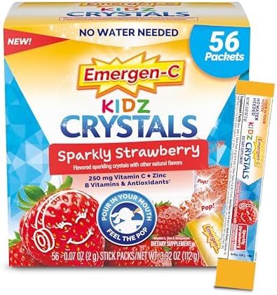 Emergen-C Kidz Crystals, Stocking Stuffer, On-the-Go Emergen-C Immune Support Supplement with Vitamin C, B Vitamins, Zinc and Manganese, Sparkly Strawberry - 56 Stick Packs