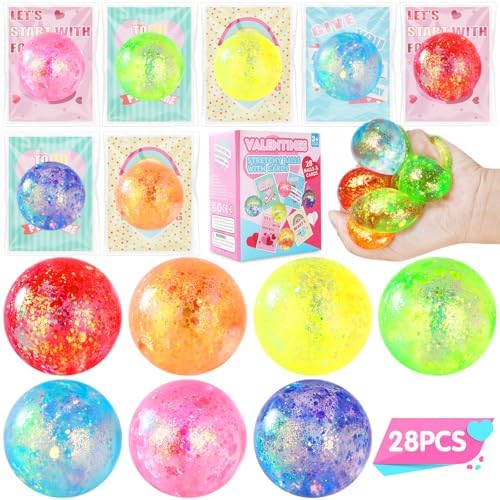 28 Pack Stress Balls for Kids, Fidget Stress Balls Relief Toys Squeeze Balls, School Prize Gift Exchange Squeeze Relief Balls Fidget Stretchy Toys for Boys Girl Party Favors Supplies