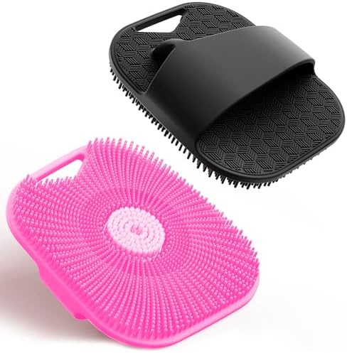 Silicone Body Scrubber for Men & Women, Friendly Shower Body Scrubber for Sensitive Skin, Silicone Loofah Body Scrubber for Showering with Richer Foam Bristles and Anti-Slippery Handle (2 Pack)