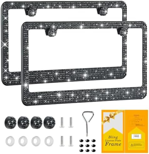 Bling License Plate Frame for Women,2 Pack Premium Stainless Steel Rhinestone License Plate Holder,Handmade Glitter Crystal Diamond Girl Lincense Plate Tag Cover,Bedazzled Sparkly-Black