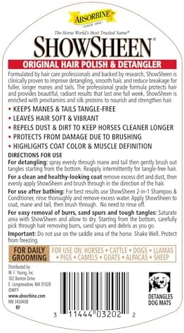 Absorbine ShowSheen Hair Polish & Detangler 32oz Refill Bottle, Horse and Dog Coat, Mane and Tail, Instant Detangling & Reduces Hair Breakage for Healthy Grooming & Radiant Shine
