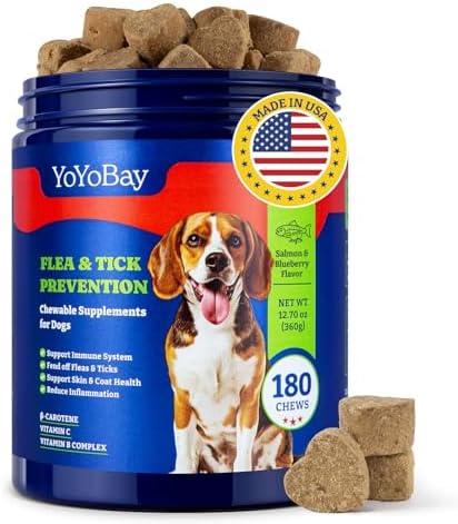 Flea and Tick Prevention for Dogs Chewable - 180 Soft Chews, Salmon & Blueberry Flavor - Dog Flea and Tick Treatment Chewable, Natural Defense- Dog Immune Support Supplement