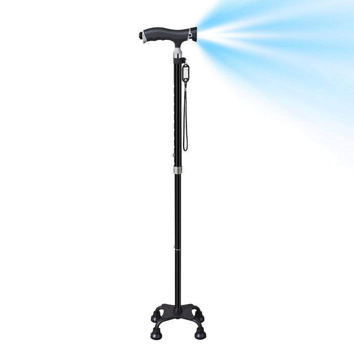 Kormivi Walking Cane for Women & Men, Large Base Quad Cane with Adjustable LED Light,Height Adjustable Canes for Men with Anti-Slip Bottom Tips, Walking Stick with Wrist Strap