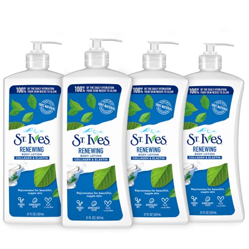 St. Ives Renewing Hand & Body Lotion for Women with Pump, Daily Moisturizer Collagen Elastin for Dry Skin, Made with 100% Natural Moisturizers, 21 fl oz, 4 Pack
