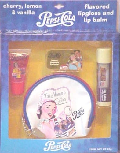 Pepsi Cola Flavored Lip Gloss and Lip Balm with Pouch Set (Cherry, Lemon & Vanilla)