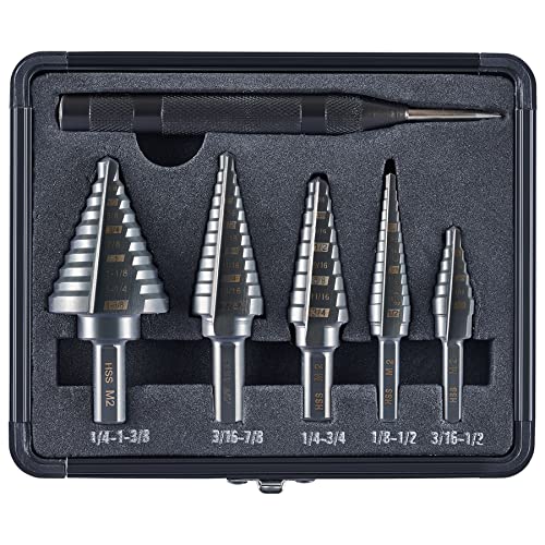 5PCS M2 Step Bits Set, 50 Sizes M2 HSS Step Drill Bits, 1/8"-1-3/8" Unibit Drill Bits Set for Sheet Steel Metal with Storage Case, Multiple Hole Stepped Up Bits Home Tools, 1016