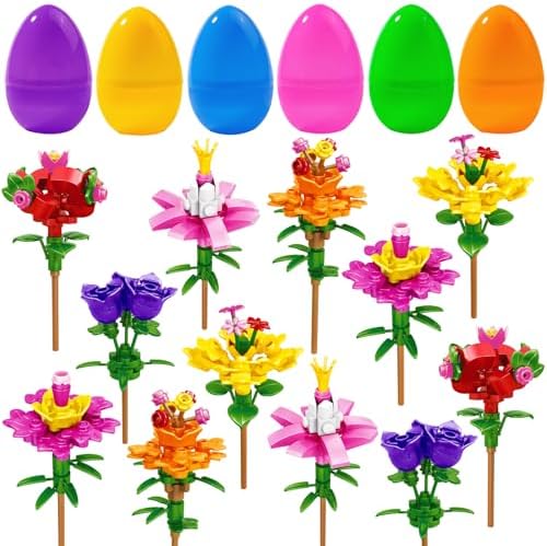12PCS Easter Flower Building Blocks with Easter Eggs Toys Building Brick Blocks for Party Favor Easter Basket Stuffers Toys Stacking Block Sets for Kids Adults Classroom Prizes Gifts