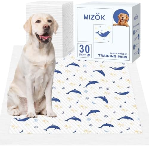 MIZOK 36x36 Puppy Pads, Dog Pads Extra Large with Ocean Whisper Prints, Potty Training Pee Pads for Dogs, Cute Dog Pee Pads Jumbo Absorbs Up to 12 Cups of Urine, Leak-Proof＆Quick-Dry (30 Counts)