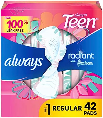 Always Radiant Teen Feminine Pads with FlexFoam, Size 1, Regular, with Wings, Unscented, 42 CT