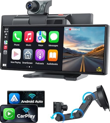 10.26" Wireless Apple CarPlay Android Auto Screen - 4K Dash Cam, GPS Navigation, HD Touchscreen, AirPlay, 1080P Backup Camera, Car Stereo