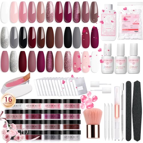 AZUREBEAUTY Valentine Dip Powder Nail Kit 16 Colors Glitter Pink Nail Dip Powder Kit with Top/Base Coat Activator Nail Remover Professional Dip Powder Liquid Set for Home Salon Gifts