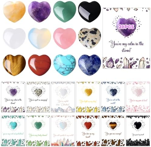 Valentine's Day Gifts for Kids, 28 Pack Valentines Gemstone Cards with Natural Crystals and Themed Greetings, Gift Exchange for Boys Girls Toddlers Class Classroom School Party Favor