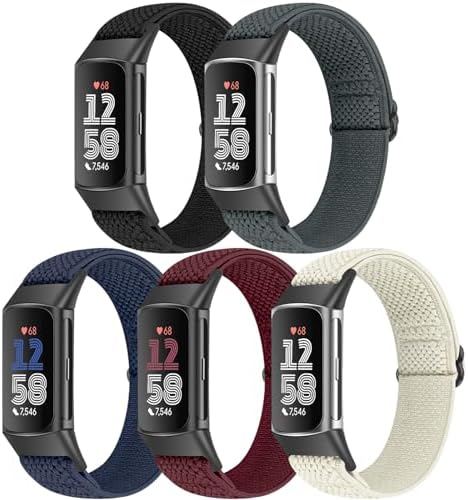5 Pack Elastic Nylon Watch Bands Compatible for Fitbit Charge 6/Fitbit Charge 5, Adjustable Breathable Replacement Stretchy Nylon Loop Wristband Sport Strap for Women Men