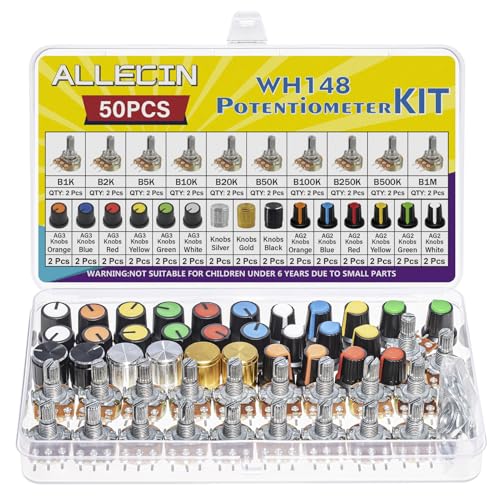 80Pcs WH148 Potentiometer Kit 1K 2K 5K 10K 20K 50K 100K 250K 500K 1MK Ohm 15mm Shaft Single-Joint Linear Potentiometers 3Pins Set Variable Resistors with Plum Knob Cap and Aluminum Alloy Knobs